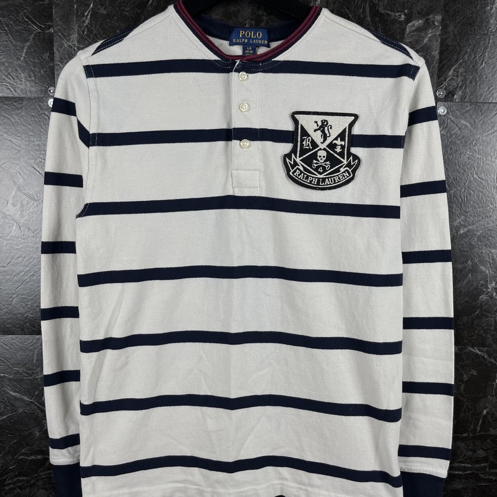Polo Ralph Lauren Boy's White Striped Skull Crest Henley Shirt Youth Large (12)